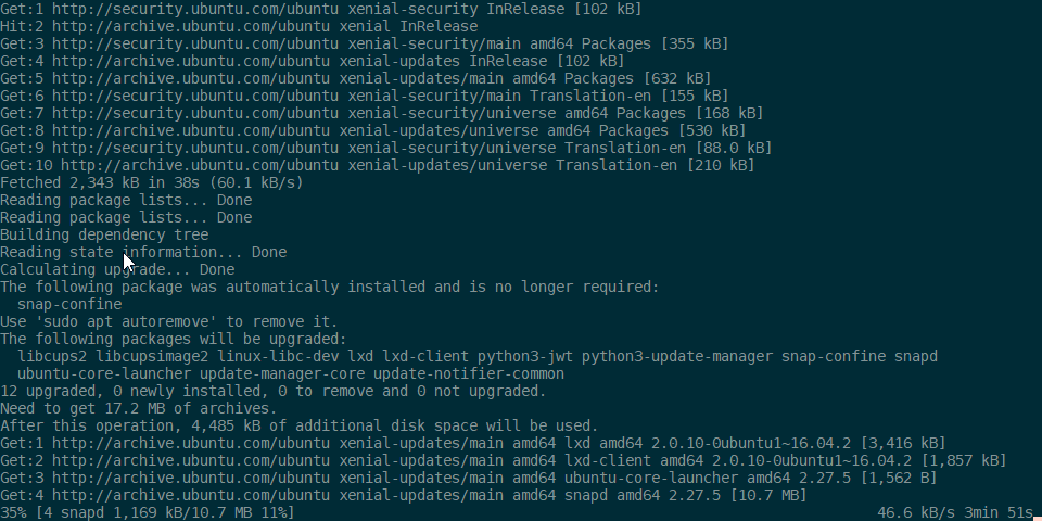 Screenshot of Windows Subsystem for Linux executing apt-get update downloading slow at 46.6 kB/s