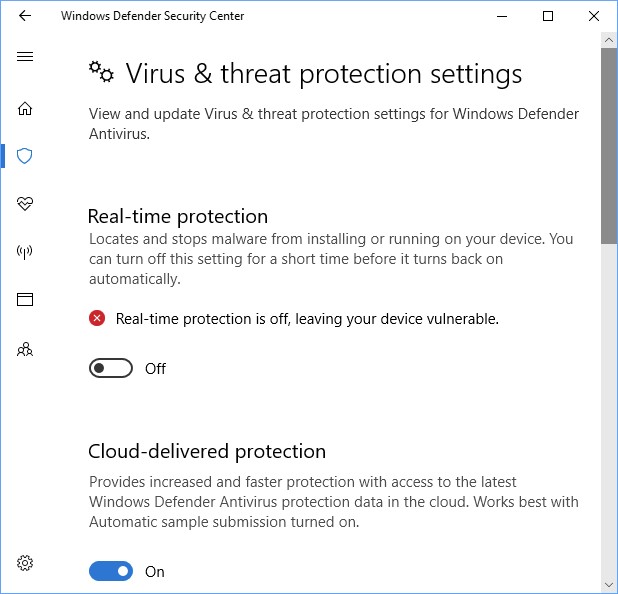 Screenshot of Windows Defender Security Center showing Real-time protection as disabled